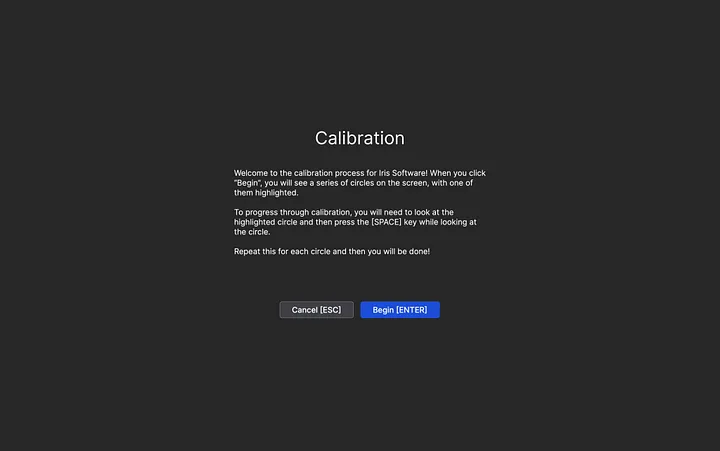 A window with the title Calibration, some text, a close button, and a begin button.