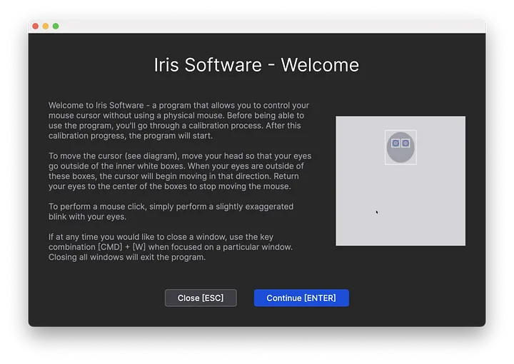 A macOS window titled Iris Software - Welcome, some text, an animated diagram, a close button, and a continue button.